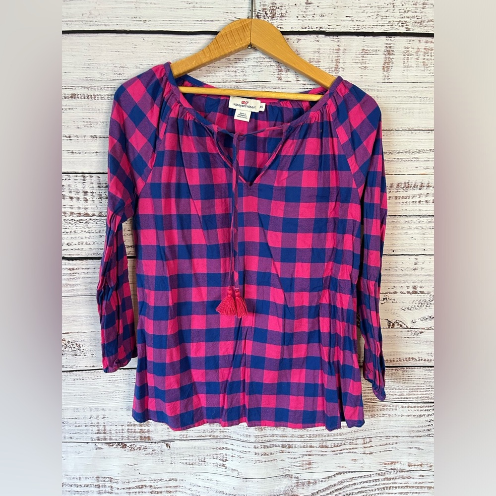 Vineyard Vines 🩷💙 - Flannel Buffalo Check Tunic Top with Pink tassels